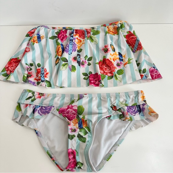 Gianni Bini 2-Piece Floral with Stripes Bandeau Tube Bikini Swimsuit Size Small - Picture 1 of 10